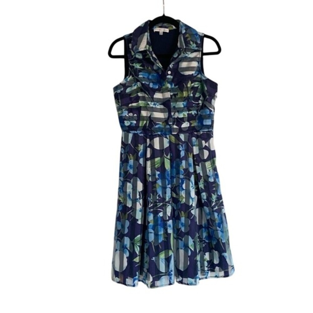 Sandra Darren Blue Floral Fit Flare Dress Sleeveless Collared Midi Size 8
